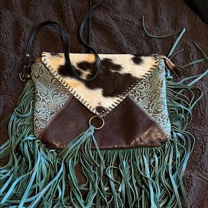 Myra Bag Cowhide and Teal Crossbody with Fringe